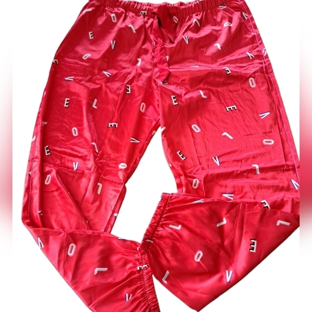 VICTORIA'S SECRET LOVE red silky polyester pj lounge pants pink trim XL
